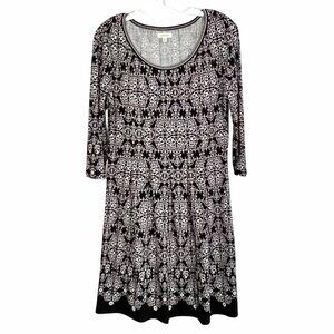 Max Studio A-Line Dress Size L Black & White Floral Print 3/4 Sleeves EUC